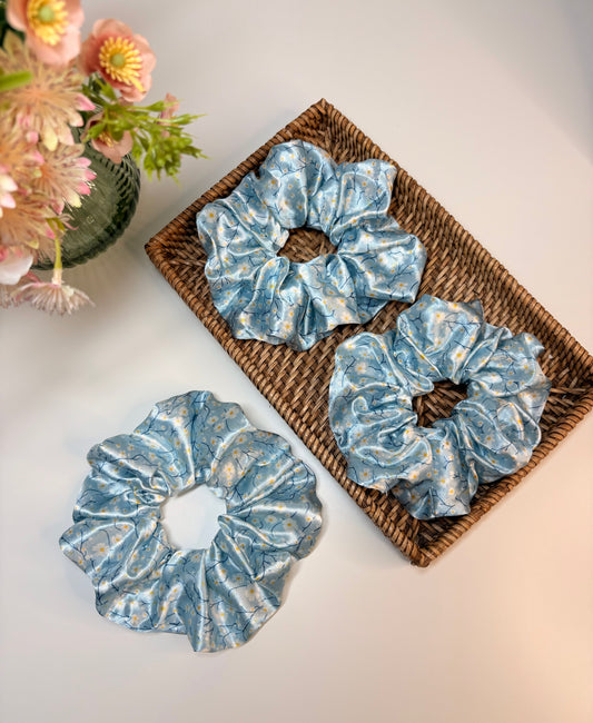 Blue Flowery Satin Scrunchies